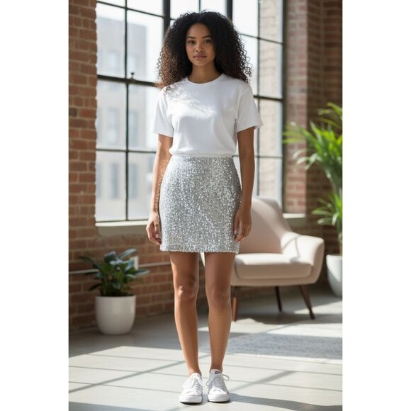 WAYF Women White Sequins Mini Skirt MEDIUM - Picture 1 of 6